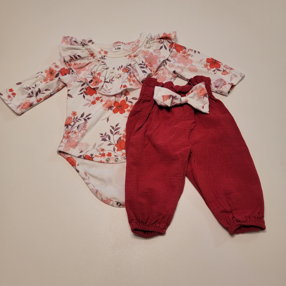 Patpat Matching outfit 3-6 month floral and maroon linen pants